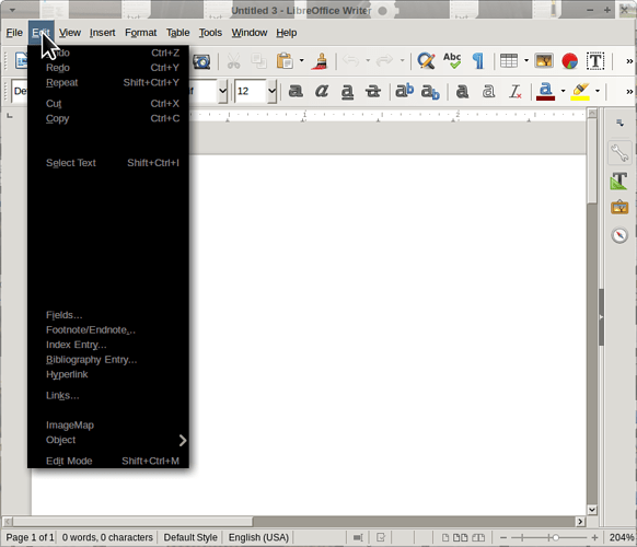 Screenshot of LibreOffice Writer Edit drop-down menu