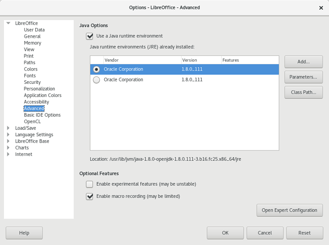 My LibreOffice java settings