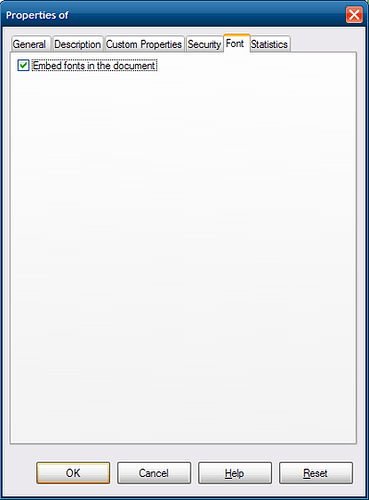 Screenshot of the File Properties dialog showing the Font tab with option "Embed fonts in the document" checked