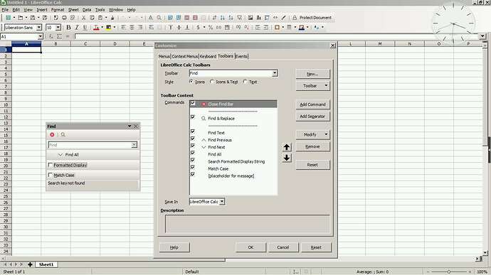 LibreOffice Calc w/Find bar & Customize for Find bar