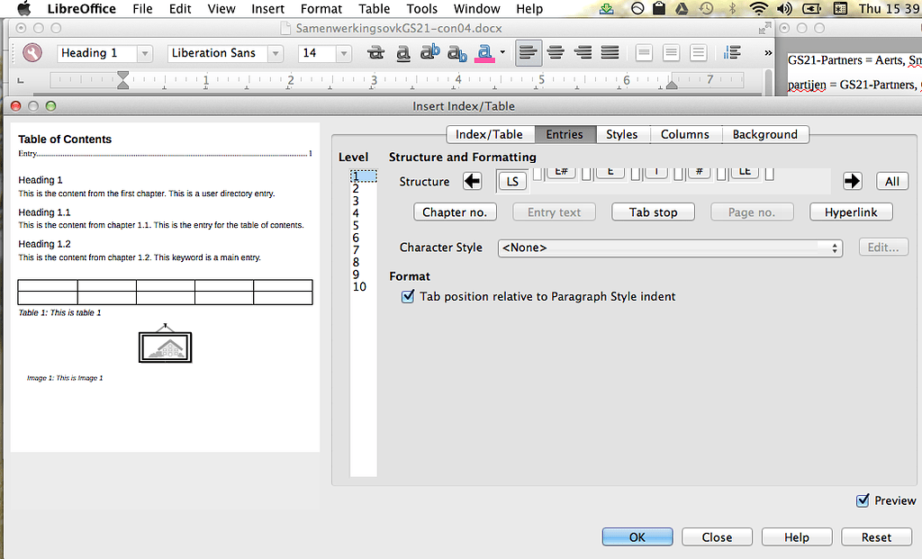 Bug / Error "insert index/table" TOC display "Structure and