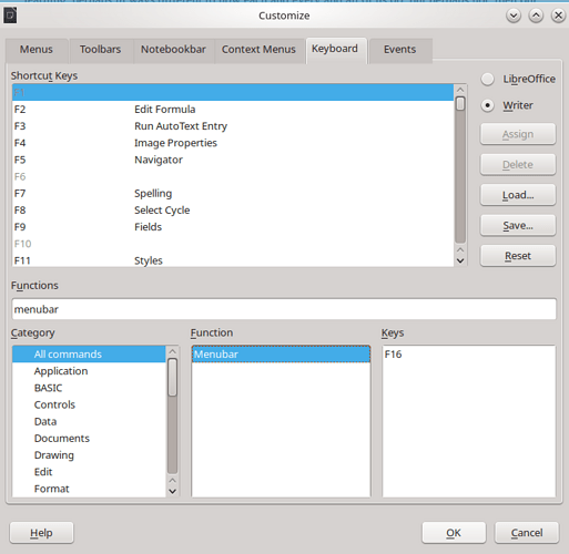 key assigment menubar Writer version 4:25.8.3-ounbuntu0.25.10.1