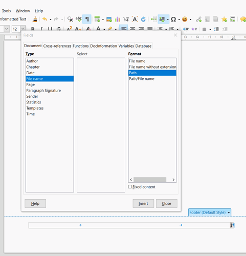 Field dialog Document tab