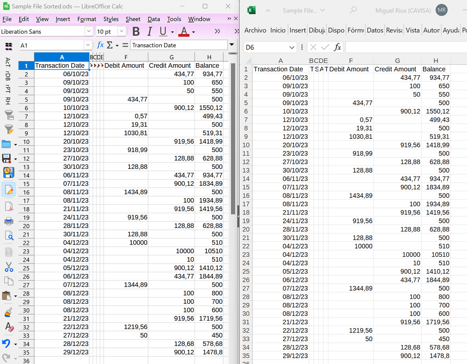 Calc does not sort an imported .csv format bank statements correctly ...
