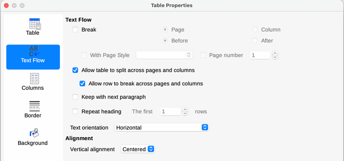 Mac - Table Properties - Text Flow Tab