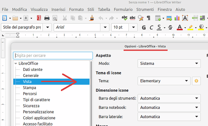 Menu > Strumenti > Opzioni > LibreOffice > Vista ...