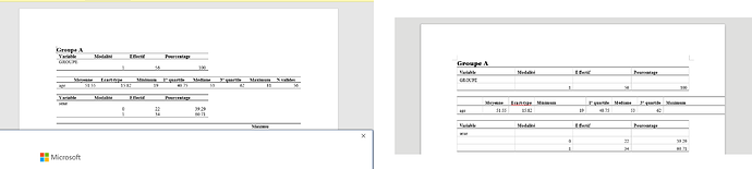 A gauche: Microsoft Word, à droite: LibreOffice Writer. Le deuxième tableau est coupé sur sa droite dans Writer.