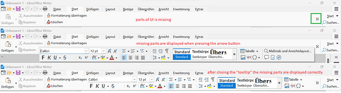 2023-05-17 - LibreOffice - UI glitch - Ribbon, Windows 11, 150%, german
