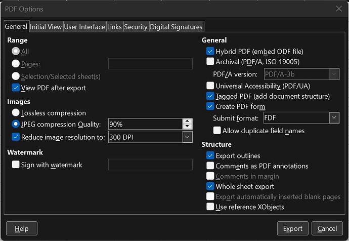 LibreOffice Calc PDF Options