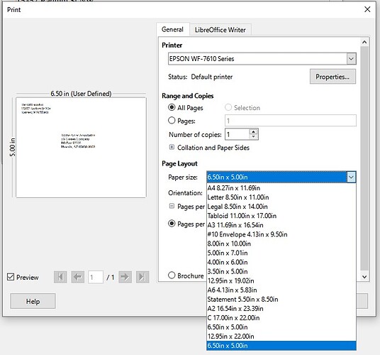 envelope NOT in Page size of Print dialog