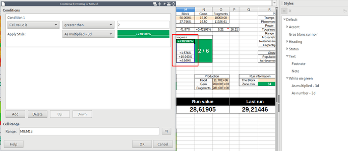 Screenshot of the conditional formatting settings. Cell is above 2 and has changed color, but not format