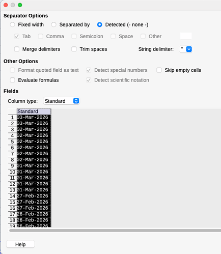 Screenshot of the Text to Columns dialog box, with a list of dates in cells with a black background.