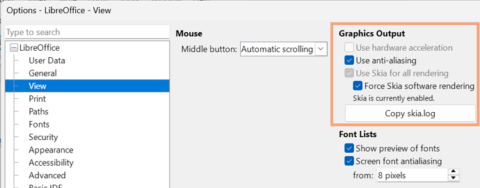 Dialog ToolsOptionsViewGraphicsOutput
