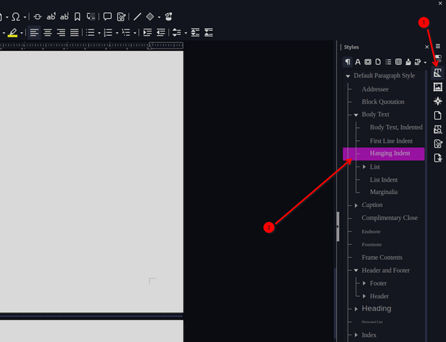 styles pane hanging indent select screenshot guide