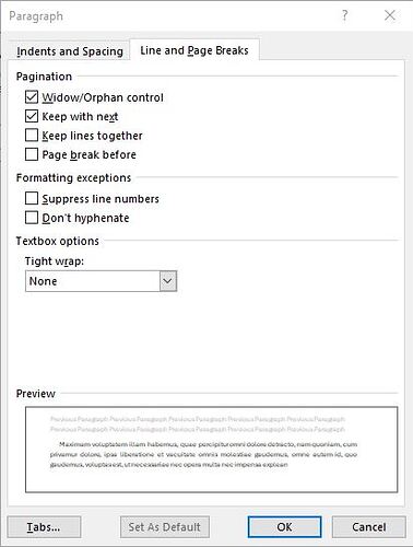 Line and page breaks settings in Microsoft Word