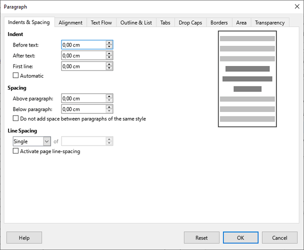 The paragraph menu, structured through ribboned/tabbed UI