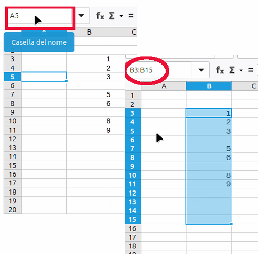 Range di selezione indicato in casella del nome + tasto Invio range