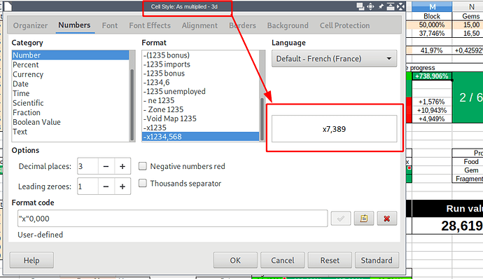 Style settings, where the cell format is indicated as x1.234