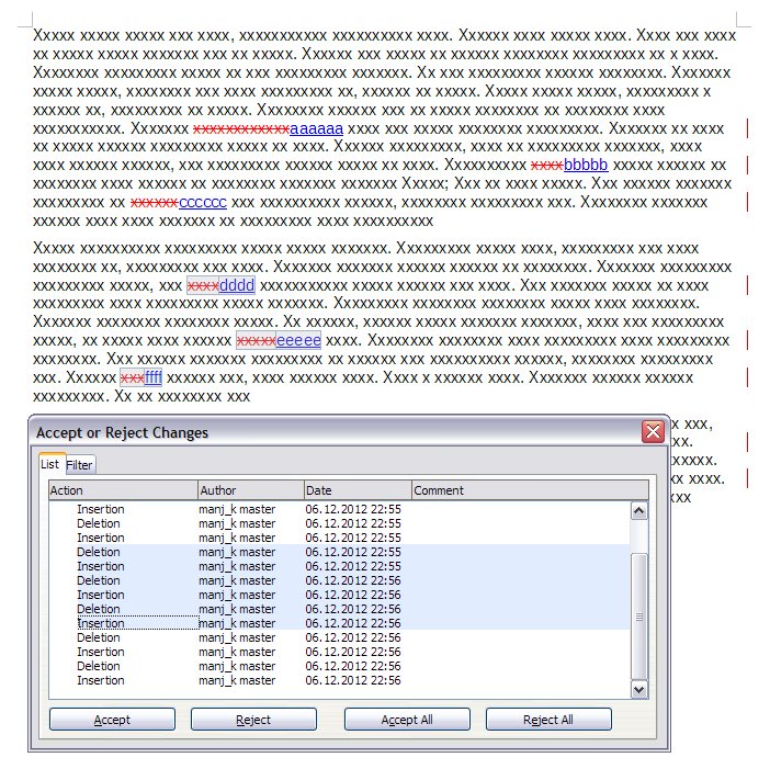 shortcut to accept track changes in word