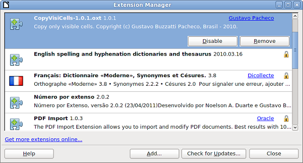 Extension Manager dialog