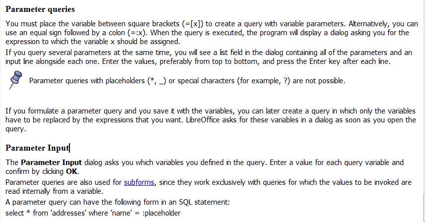 LibreOffice help about parameter queries