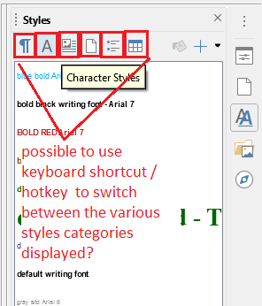 keyboard sequence to display specific style categories