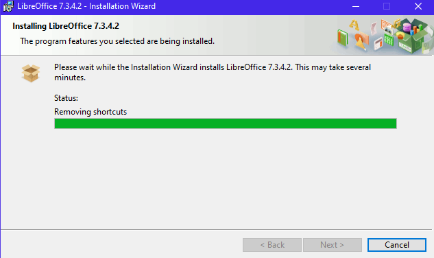 installation of LibreOffice stuck at shortcuts