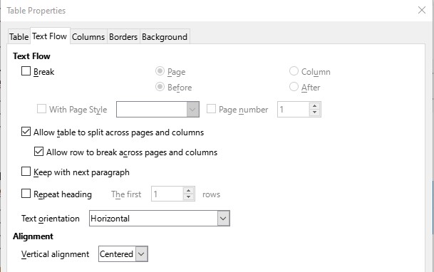 Win - Table Properties - Text Flow Tab