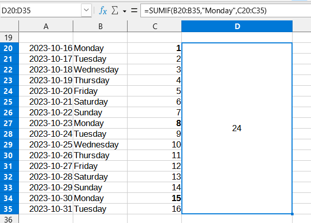 SUMIF and days of the week - English - Ask LibreOffice